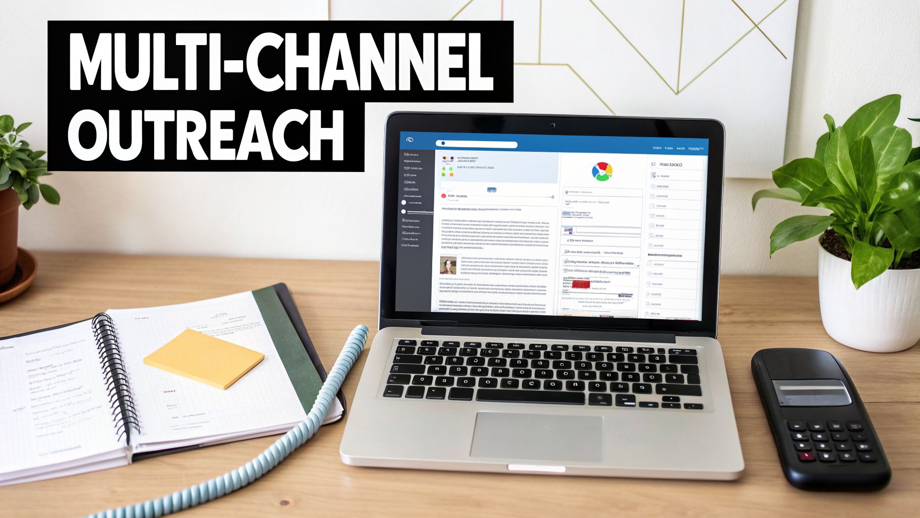 A modern workspace with a laptop displaying a multi-channel outreach banner, notebook, and calculator