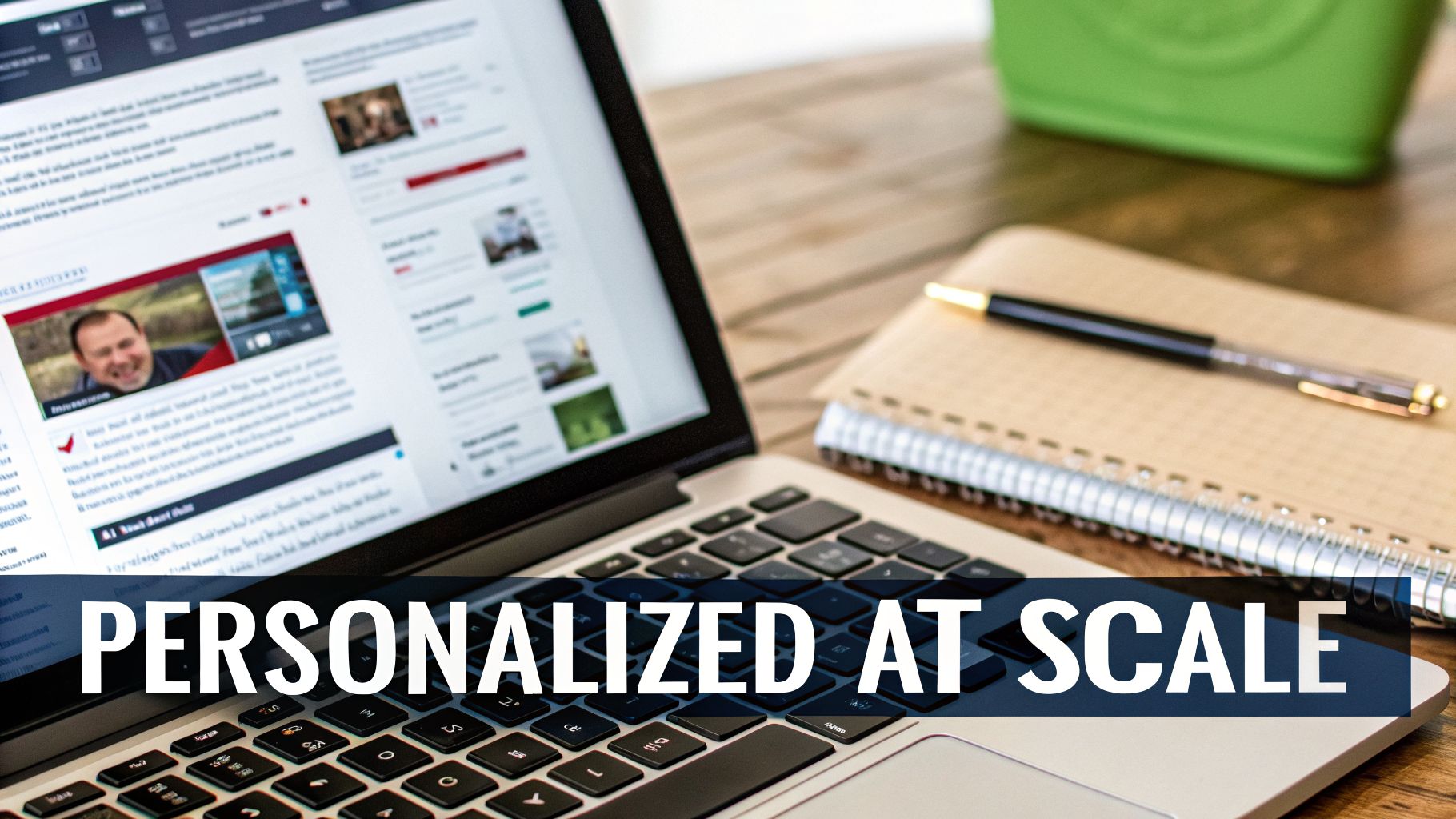 Laptop with personalized at scale text showing a content feed alongside a notebook and pen